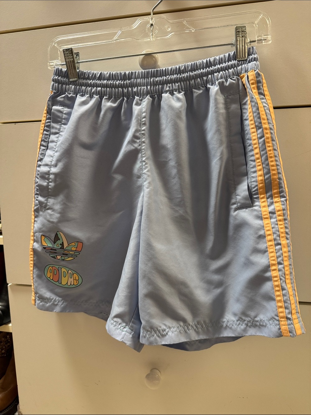 adidas Light Blue Shorts with orange Trim and Multicolor Trefoil